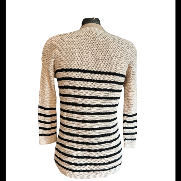Ann Taylor LOFT Open Weave Boat Neck Beige Blue Striped Women’s Medium - Picture 2 of 5